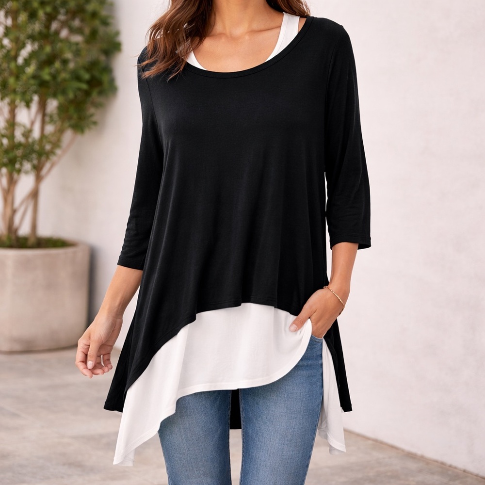 LOGO BY LORI GOLDSTEIN 2 Piece Top Set Shirt Tank Shark Bite Hem Black Ivory XL